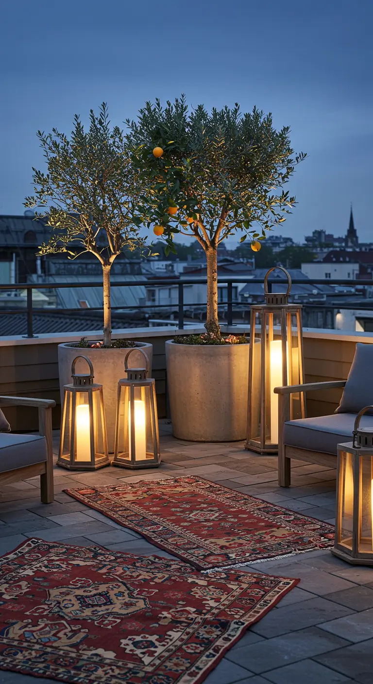 A rooftop terrace with olive trees, layered red rugs, and large wooden lanterns at dusk.