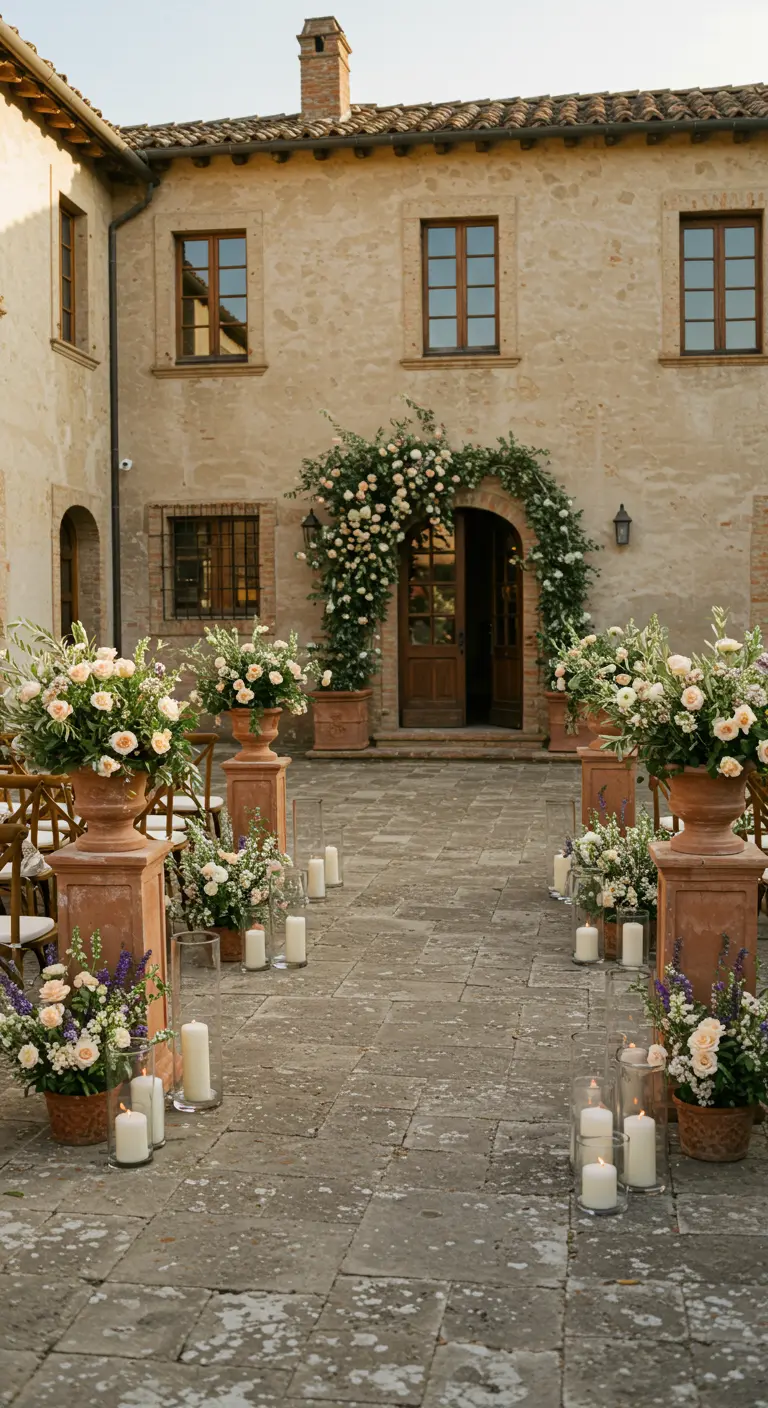 Terracotta urns with peach roses and candles line a stone courtyard wedding aisle.