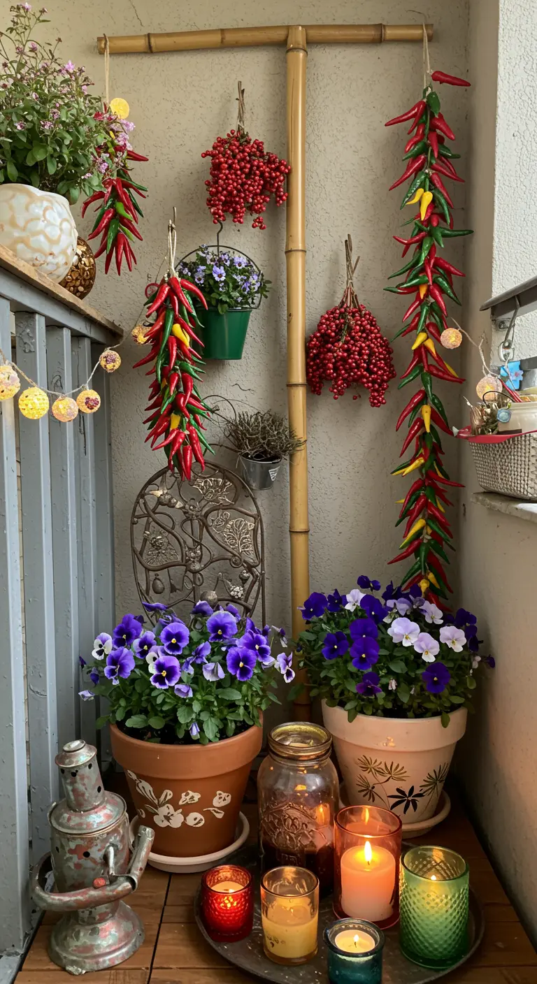 Eclectic balcony with hanging chili peppers, berries, pansies, and colorful candles.