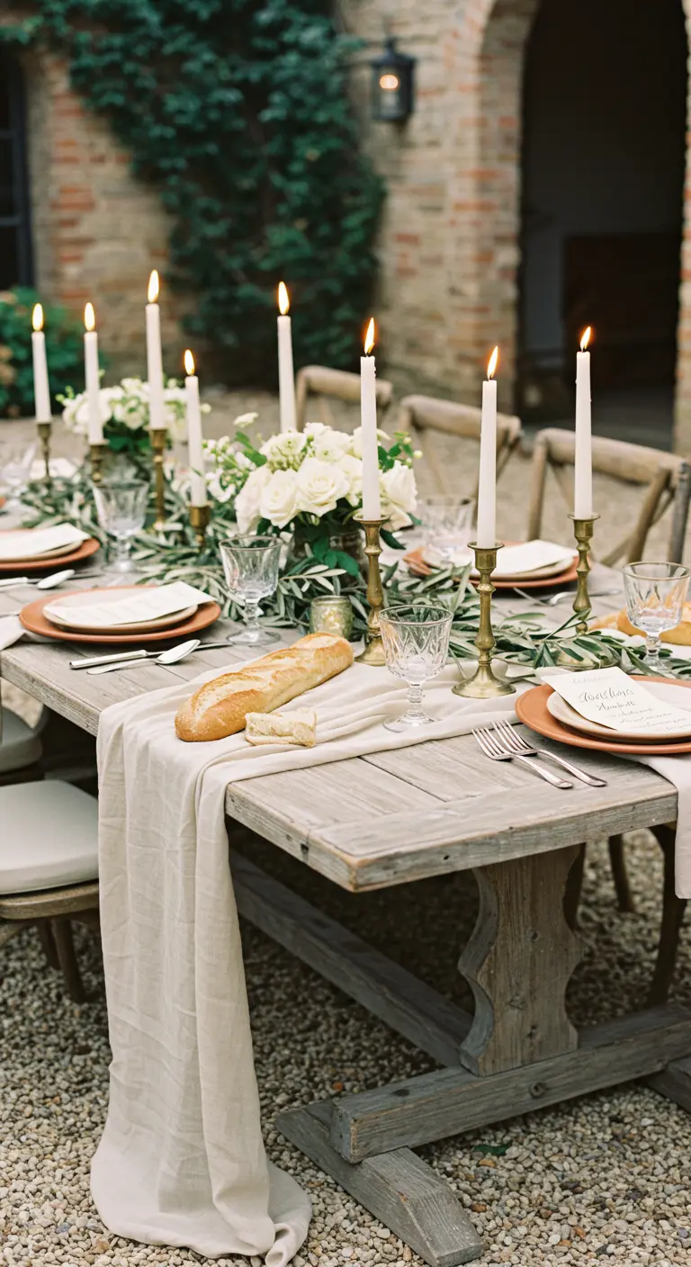 Rustic outdoor table set with olive branches, tall candles, and terracotta plates.