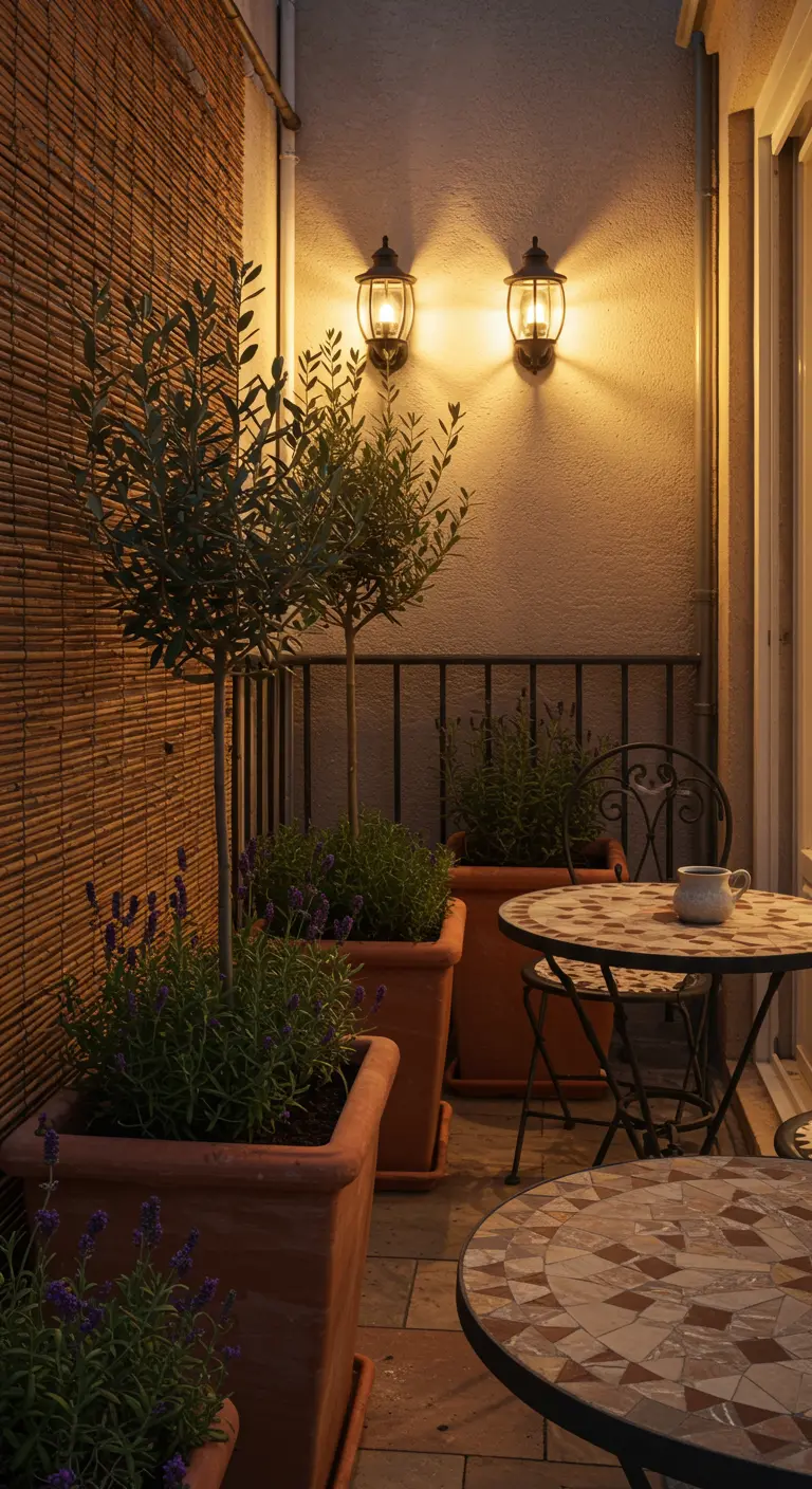 Small balcony with terracotta planters, a mosaic bistro table, and warm wall lights