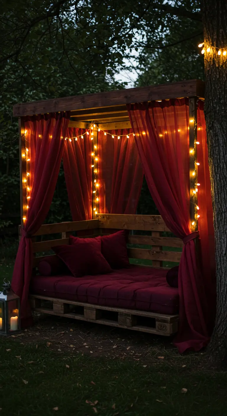 Pallet canopy bed at dusk with deep red curtains and cushions, lit by string lights.