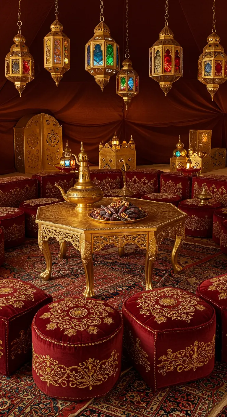 Rich red velvet poufs with gold embroidery around a gold table in a lavishly decorated tent.