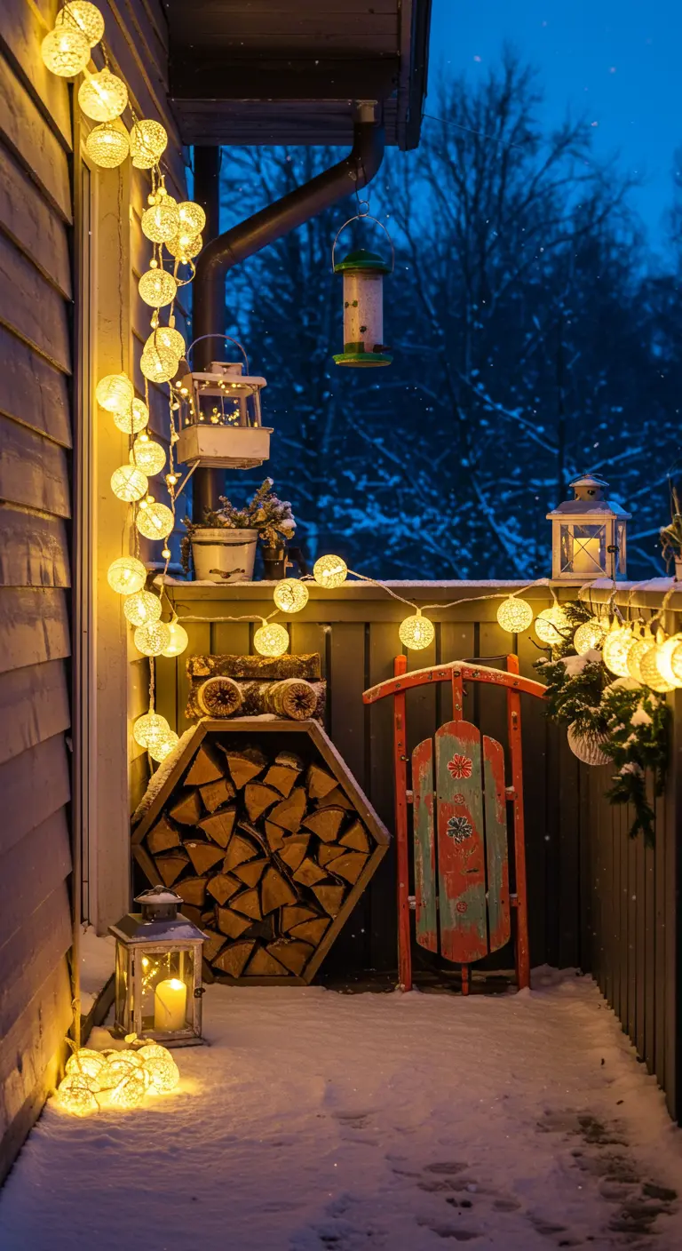 Cozy balcony with a hexagon log holder, painted sled, and rattan ball string lights.