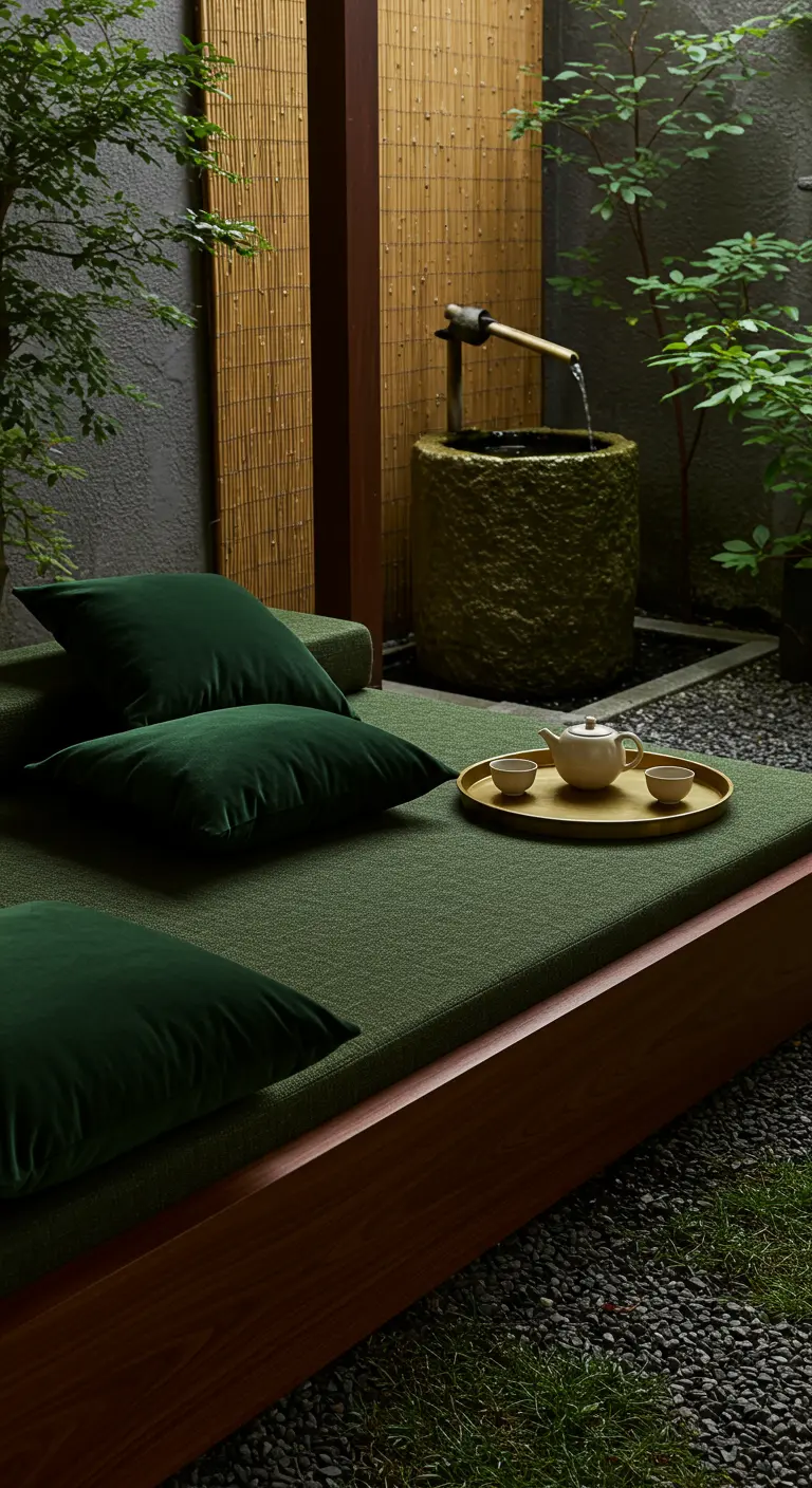 A minimalist daybed with dark green velvet cushions in a Zen garden with a water feature.
