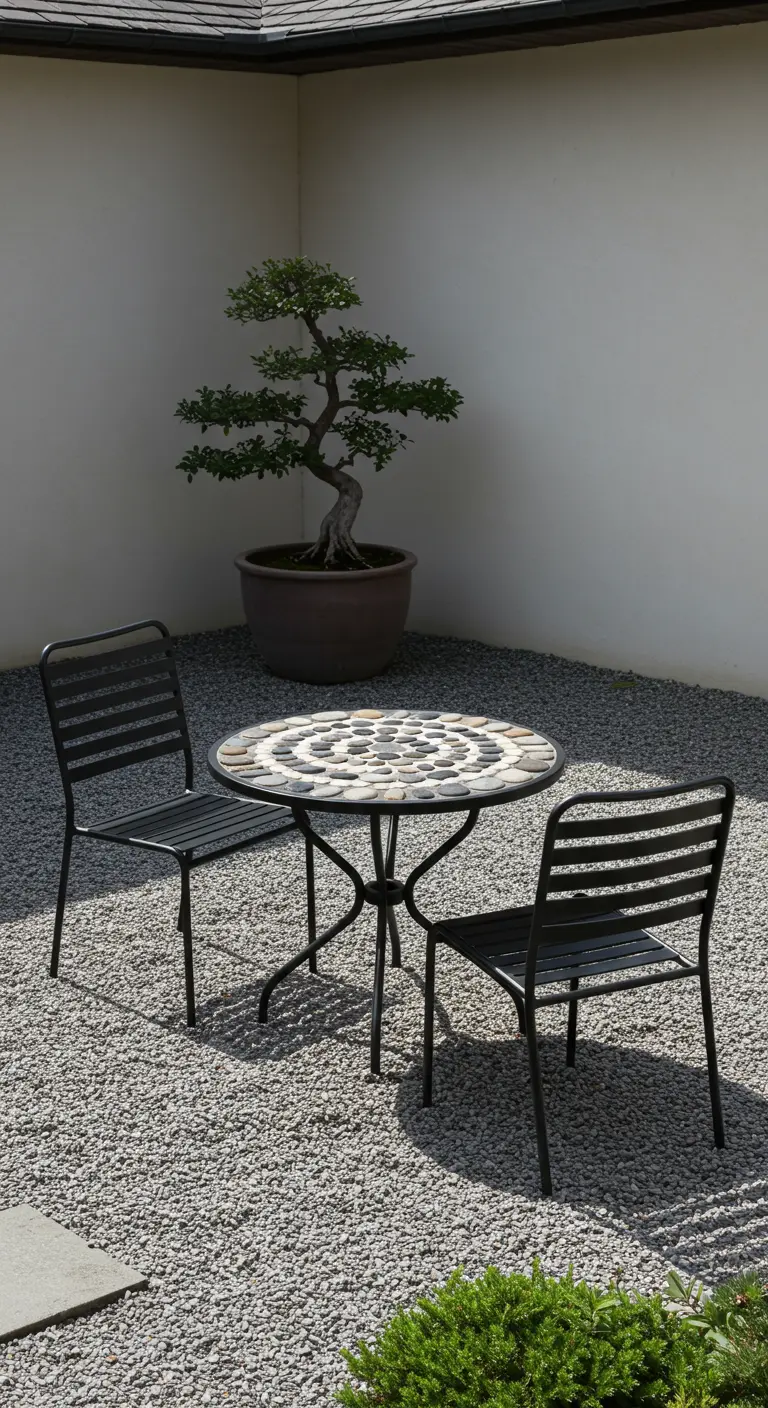 Minimalist black bistro set with a pebble mosaic tabletop in a gravel Zen garden.
