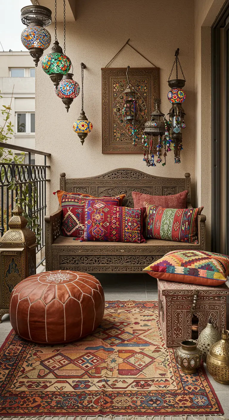 A Moroccan-themed balcony with a carved wood bench, leather pouf, and hanging lanterns.