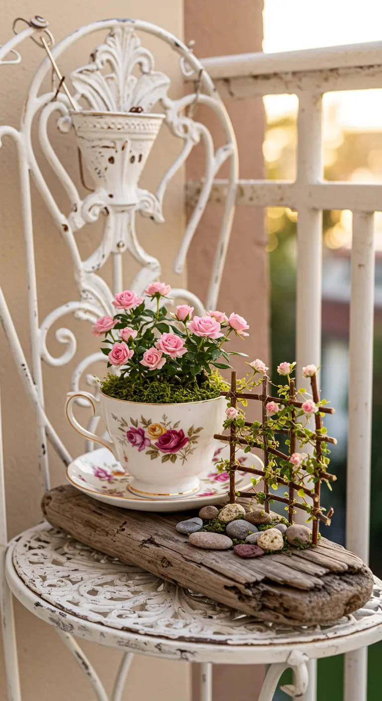 A teacup with a miniature rose bush next to a tiny twig trellis, all set on a piece of driftwood.