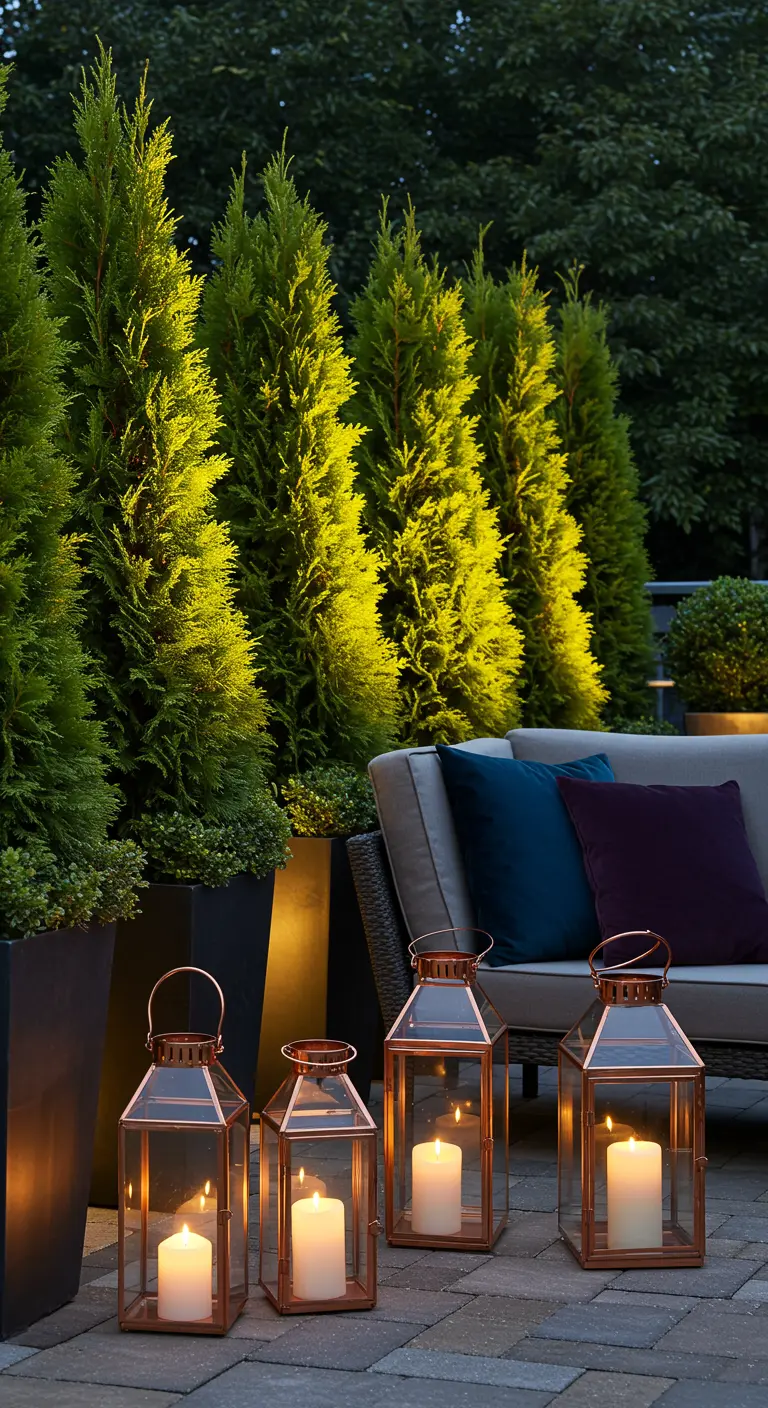 A patio sofa next to a group of copper lanterns and backlit evergreen trees.