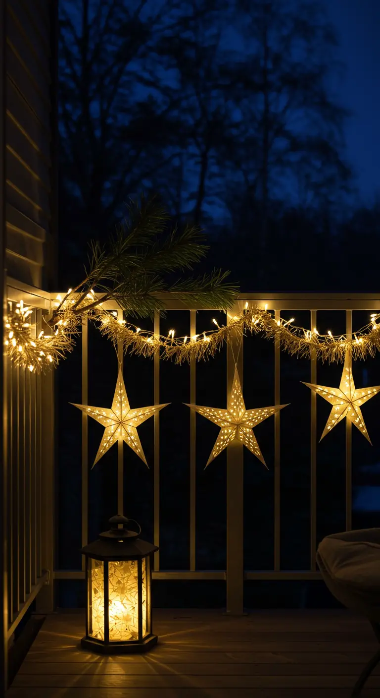 A dark balcony with three illuminated paper stars hanging above a simple tinsel garland.
