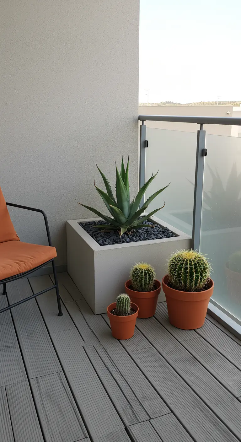 Modern balcony with a large concrete planter and small terracotta cactus pots.