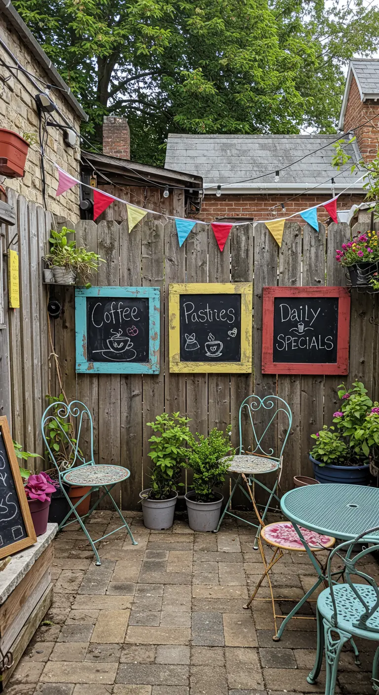Three small chalkboards with colorful frames on a wooden fence.