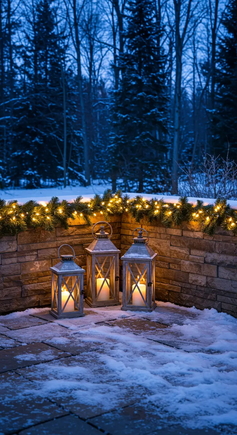 Three rustic lanterns with candles glowing on a snowy stone patio.