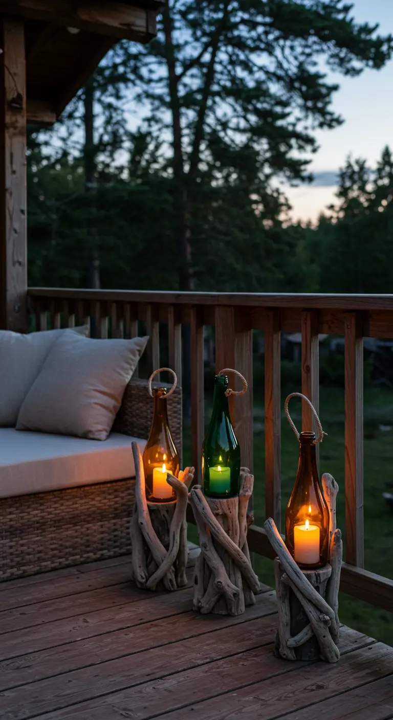 Three driftwood and wine bottle lanterns on a wooden deck at dusk.