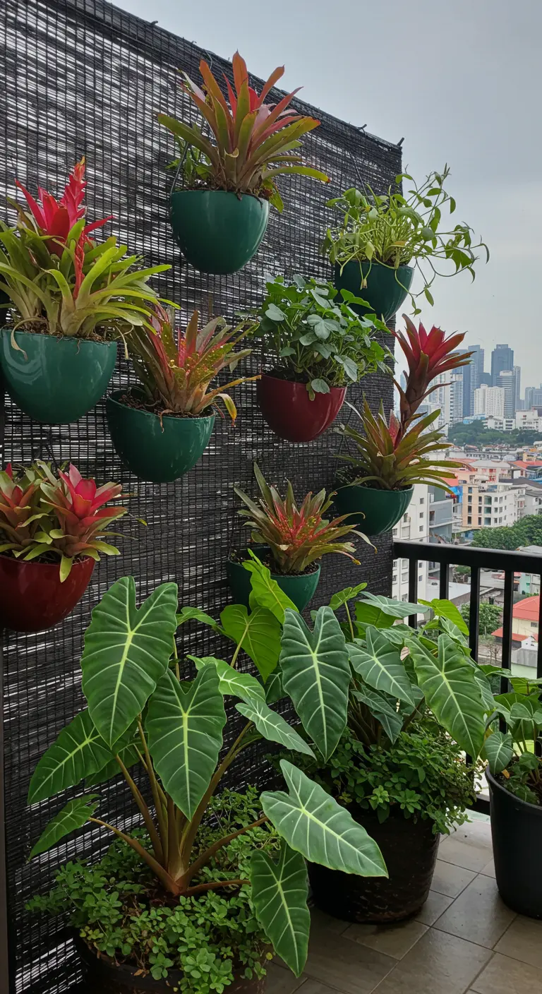 A balcony wall with a black screen holding tropical plants like bromeliads.