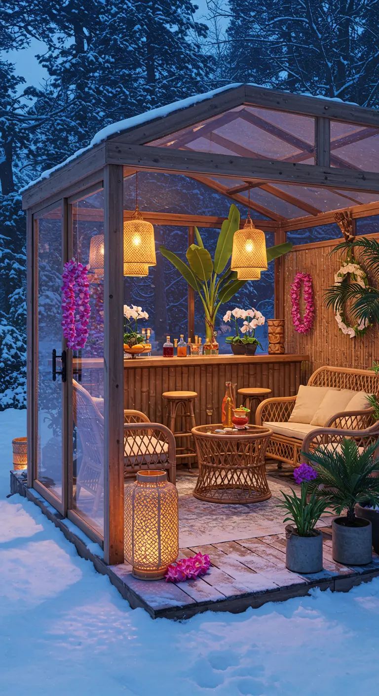 A cozy tiki bar set up inside a glass greenhouse, surrounded by snow outside.
