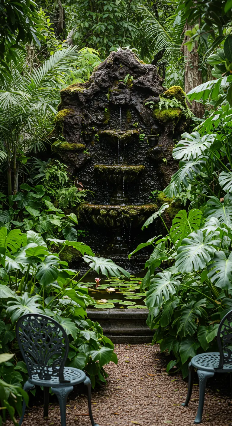 Tiered rock fountain hidden among lush tropical plants like Monstera.