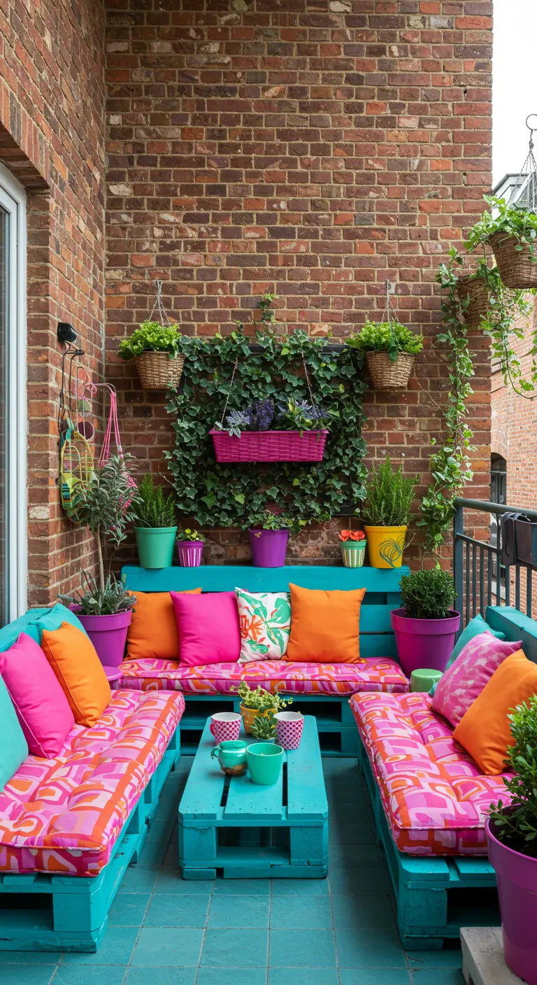 A vibrant balcony with turquoise pallet furniture, pink and orange cushions, and a brick wall.
