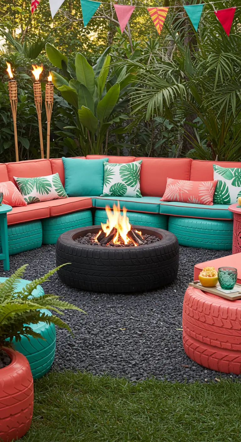 Tropical fire pit area with coral and teal tire seating and palm-print cushions.