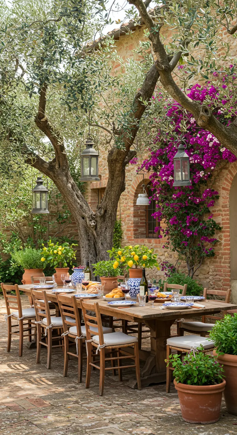 An outdoor dining table set under an olive tree in a rustic Tuscan-style courtyard.