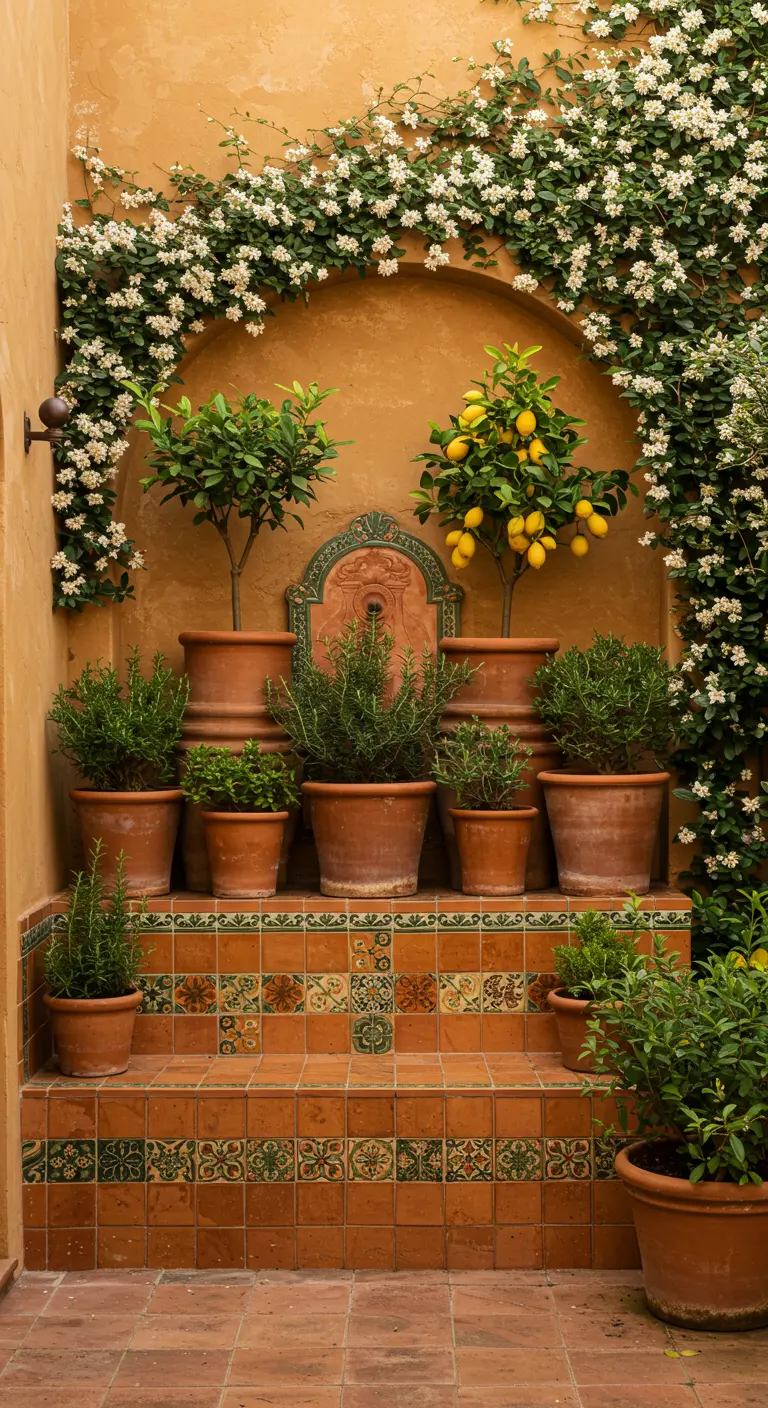 A tiered terracotta patio with potted lemon trees, herbs, and a decorative tile niche.