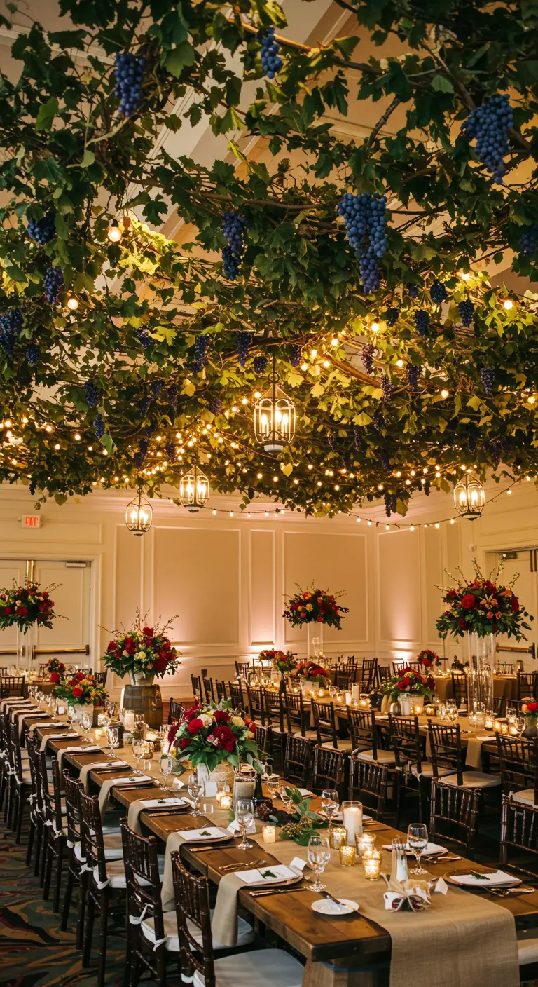A ceiling covered in grapevines, hanging grapes, and warm lights, evoking a Tuscan vineyard.