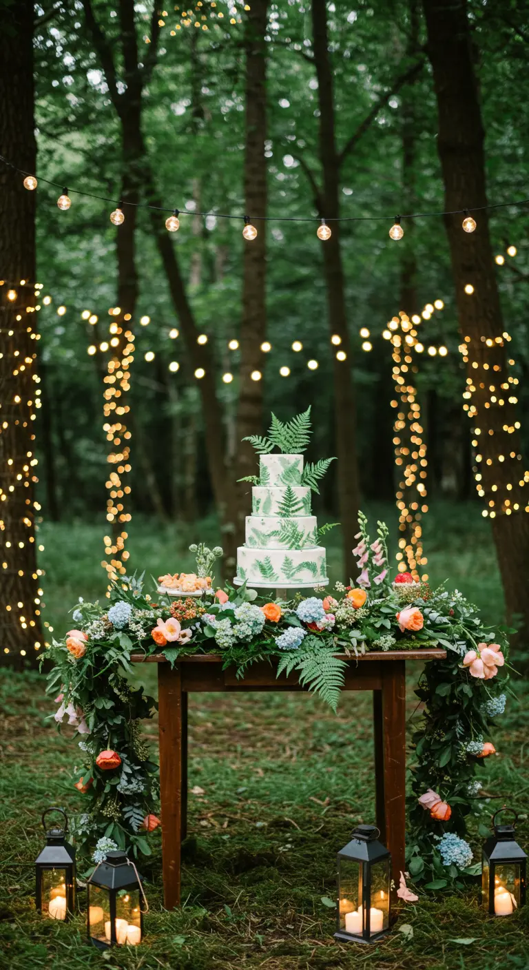 Wedding cake in a forest setting surrounded by a fern garland and glowing string lights.