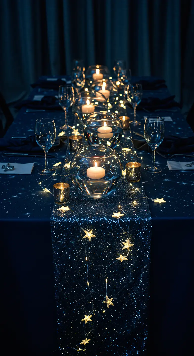 A dark blue table illuminated by star-shaped fairy lights and floating candles in glass bowls.