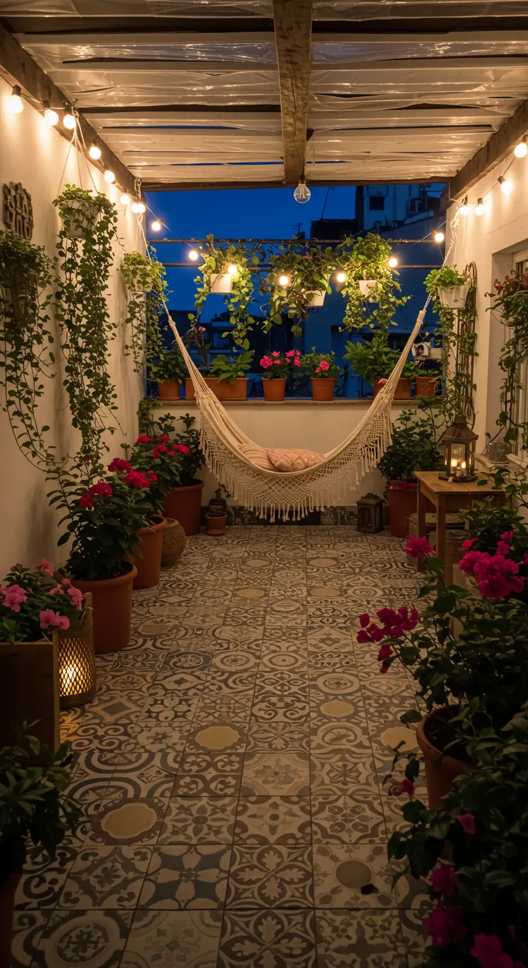Narrow balcony at night overflowing with plants, string lights, and a cozy hammock.