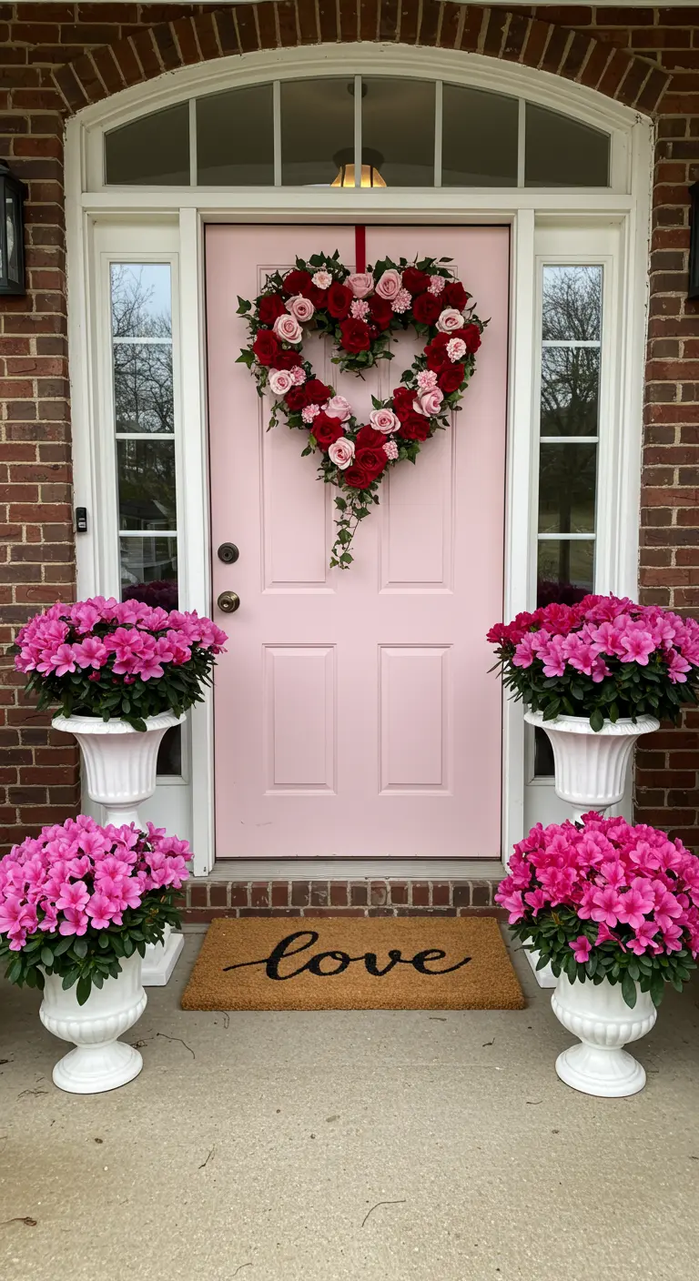 Pink front door with a heart-shaped rose wreath and pots of pink flowers.