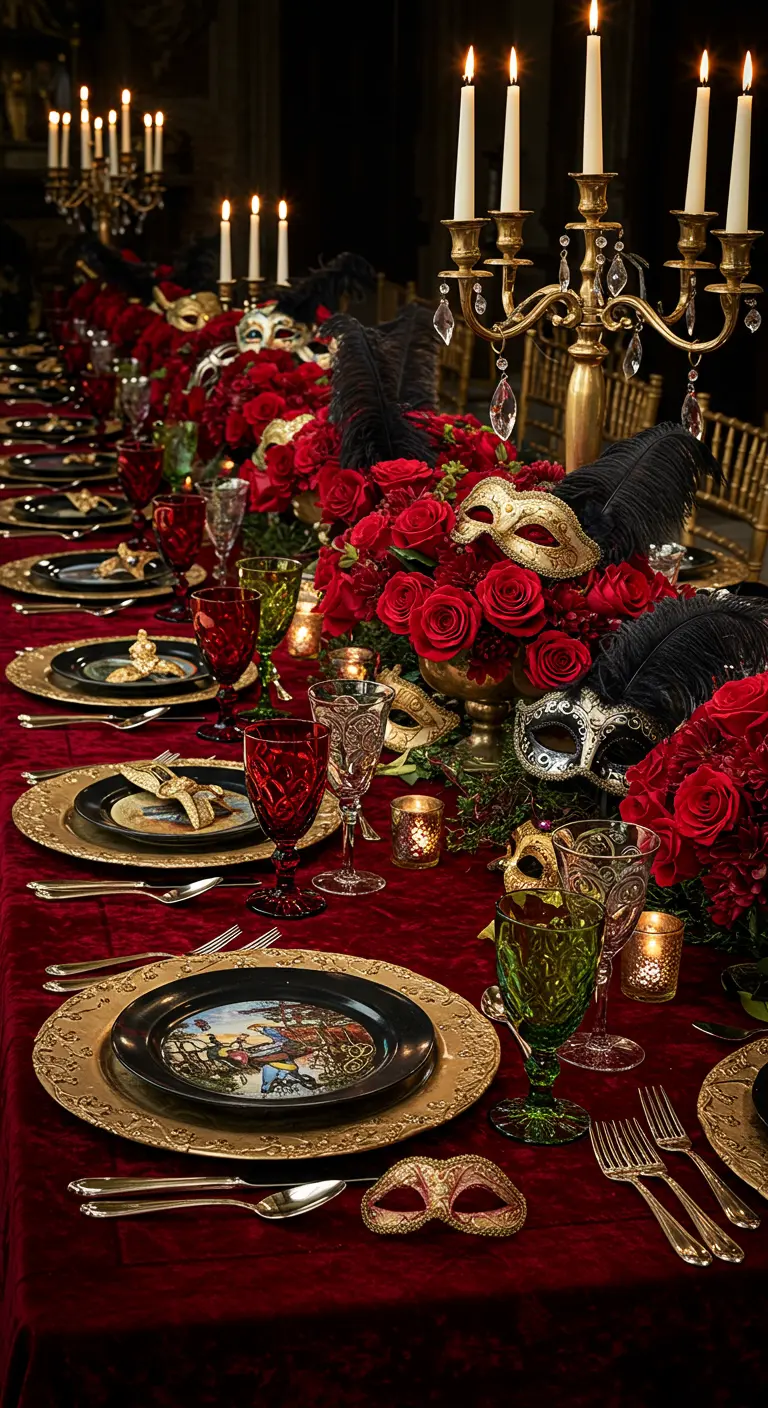 Dramatic masquerade table with red velvet, gold chargers, masks, and lush red roses.