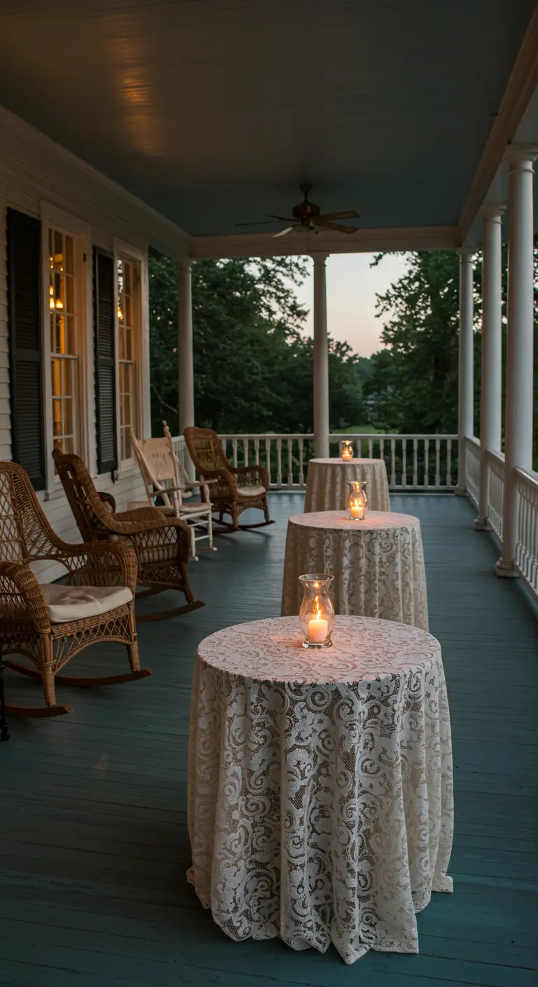 A spacious porch at dusk with several small round tables covered in lace cloths and single candles.