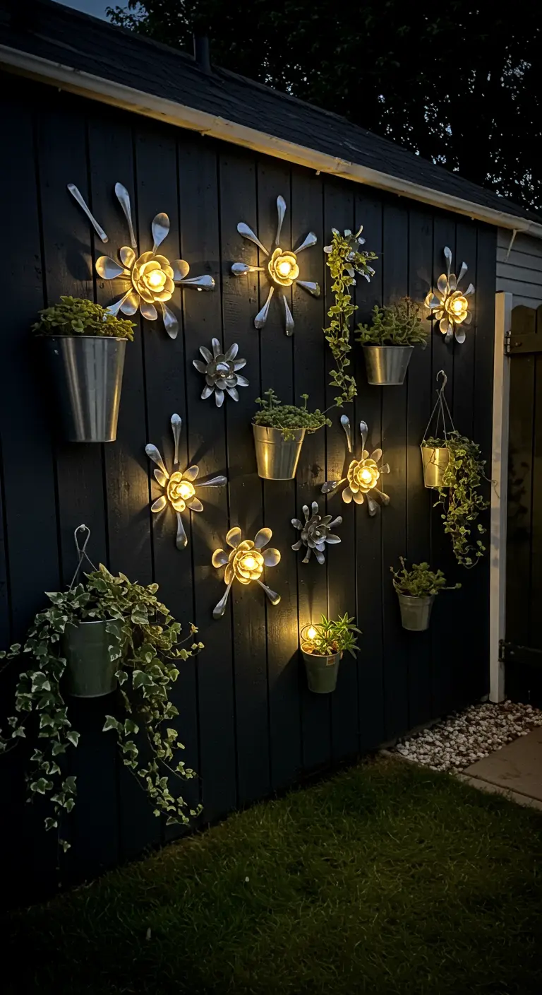 A dark wall decorated with wall-mounted solar spoon flower lights and hanging plants.