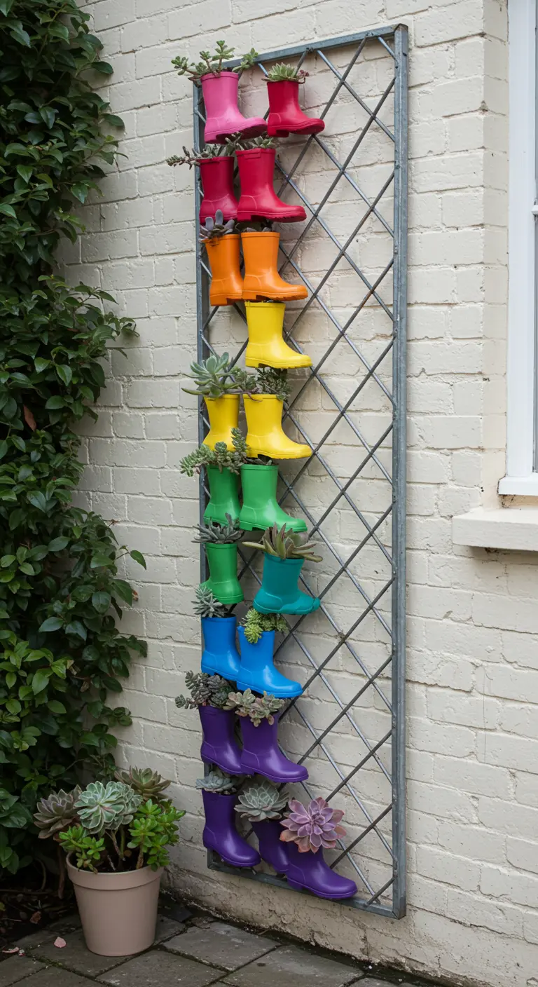 Rainbow-colored rain boots with succulents arranged vertically on a narrow trellis.