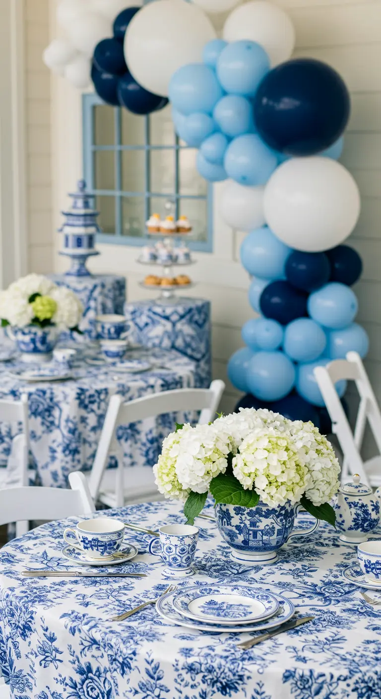 Tea party with a blue and white chinoiserie theme, including a balloon arch.
