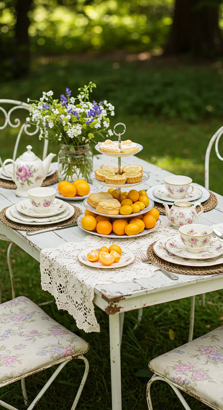 A garden tea party table with a tiered stand of pastries and citrus.