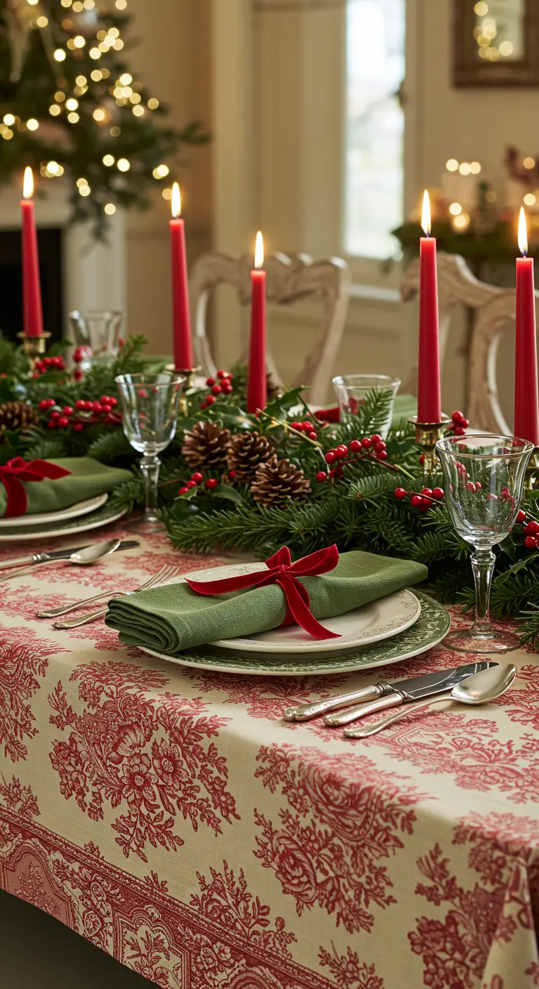 Christmas table with red and white toile, pine garland, and red candles.