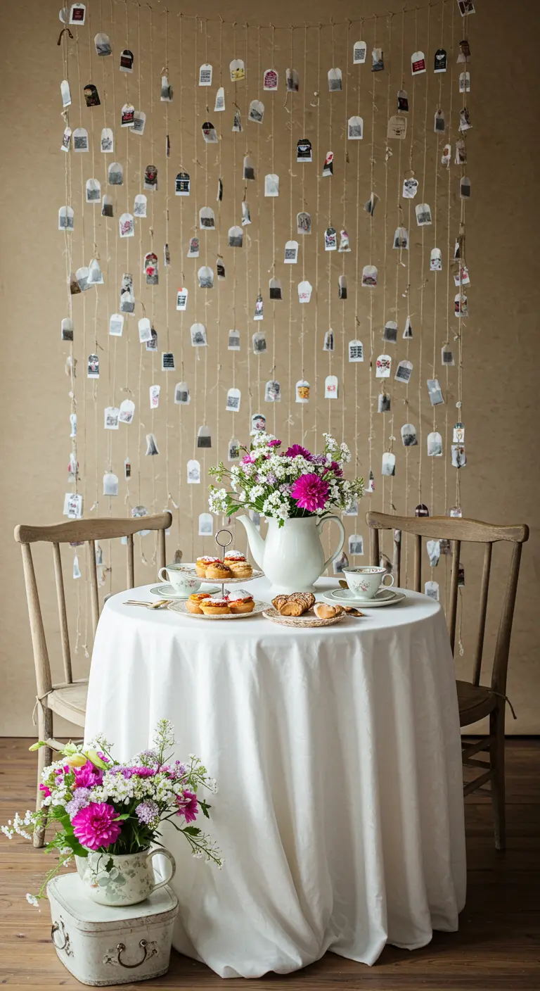 A backdrop made of hanging tea bags on strings behind a small tea table.
