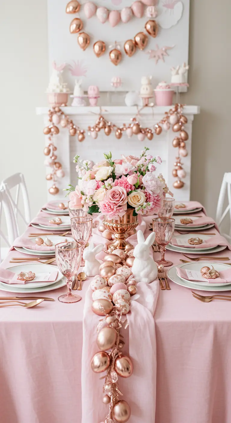 Glamorous pink and rose gold Easter table with metallic egg garlands and floral centerpiece.
