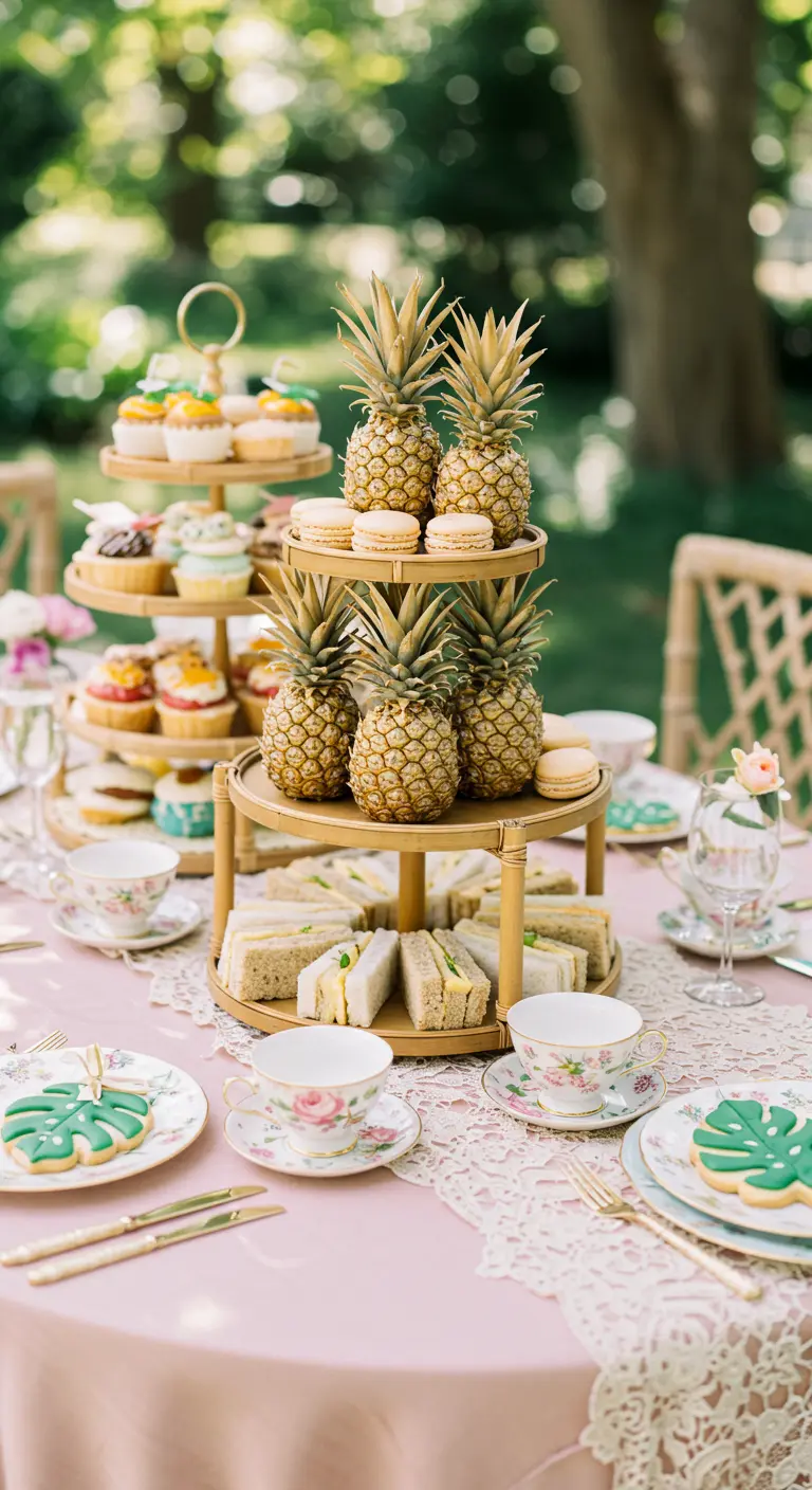 A high tea setup with a bamboo tiered stand holding mini pineapples and pastries
