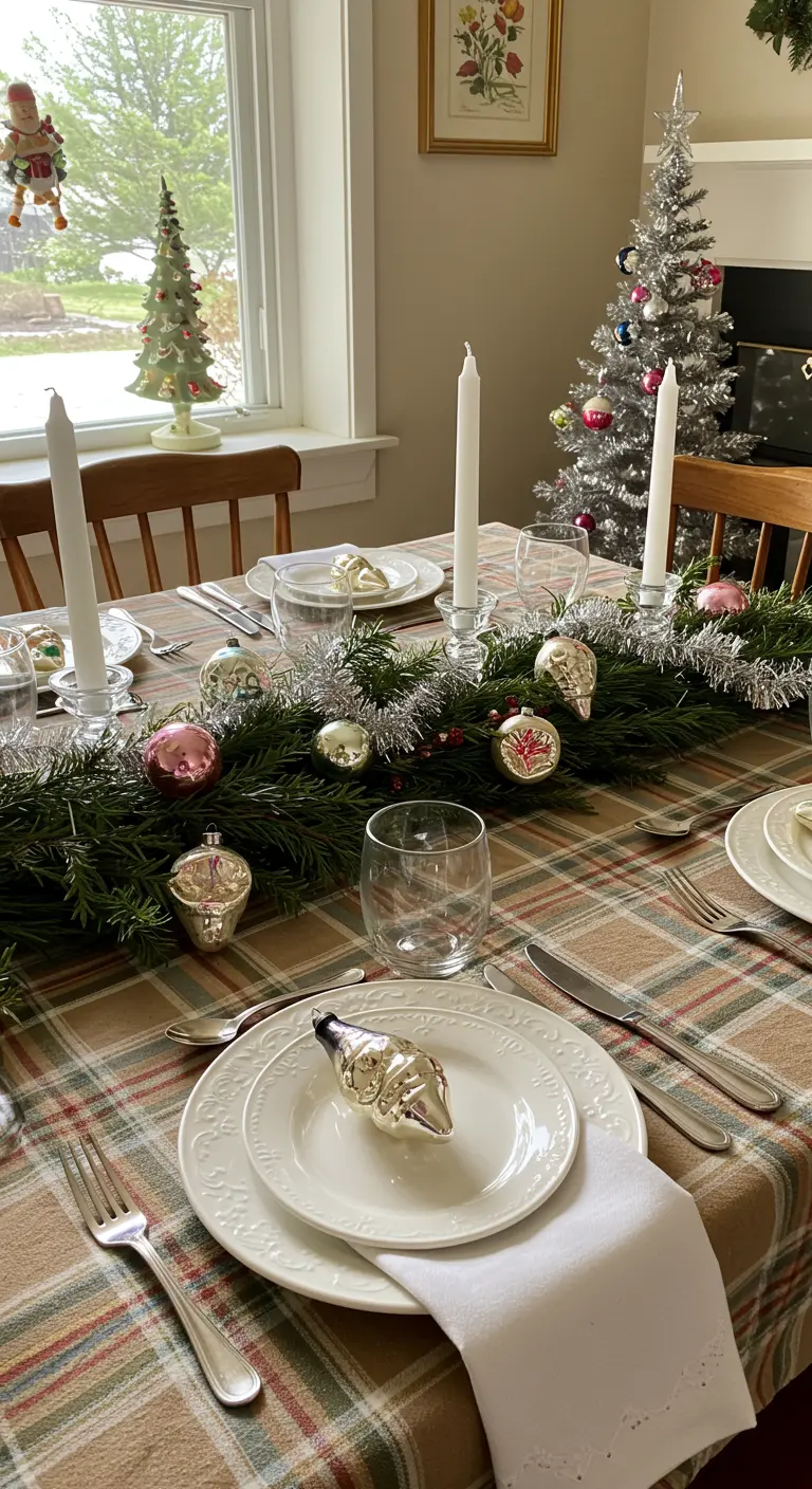 Retro-inspired Christmas table with a garland woven with silver tinsel and vintage ornaments.