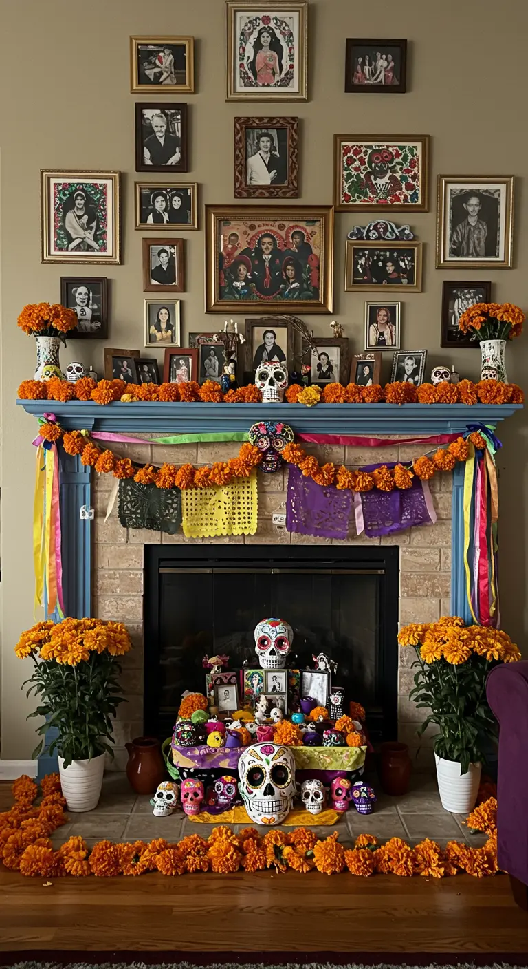 Día de los Muertos mantel decorated as an ofrenda with marigolds and photos.