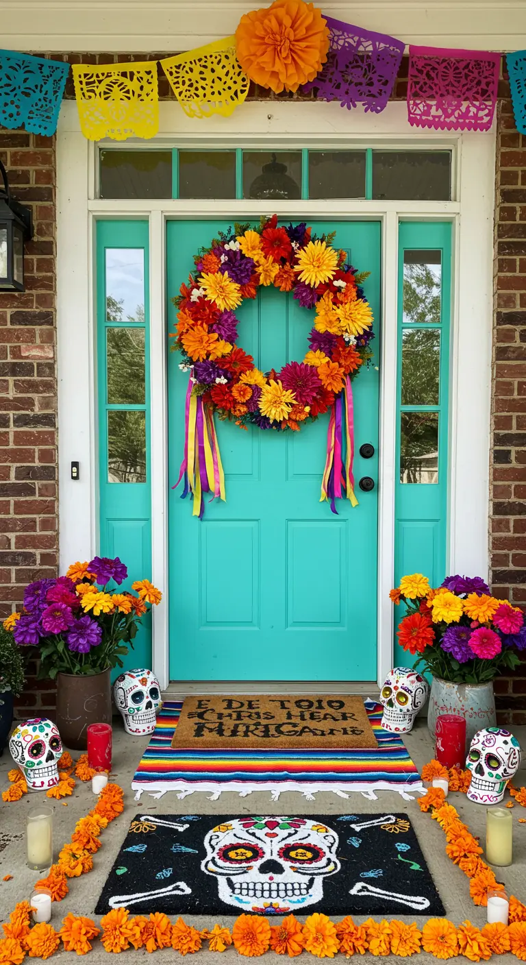 Teal door decorated for Día de los Muertos with a marigold wreath and sugar skulls.
