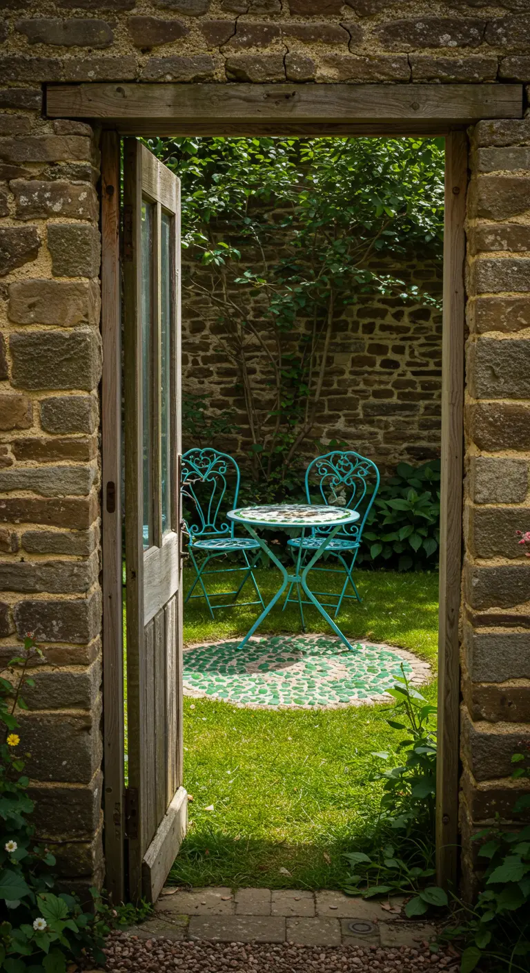 A teal bistro set with a mosaic table viewed through an old stone doorway in a garden.