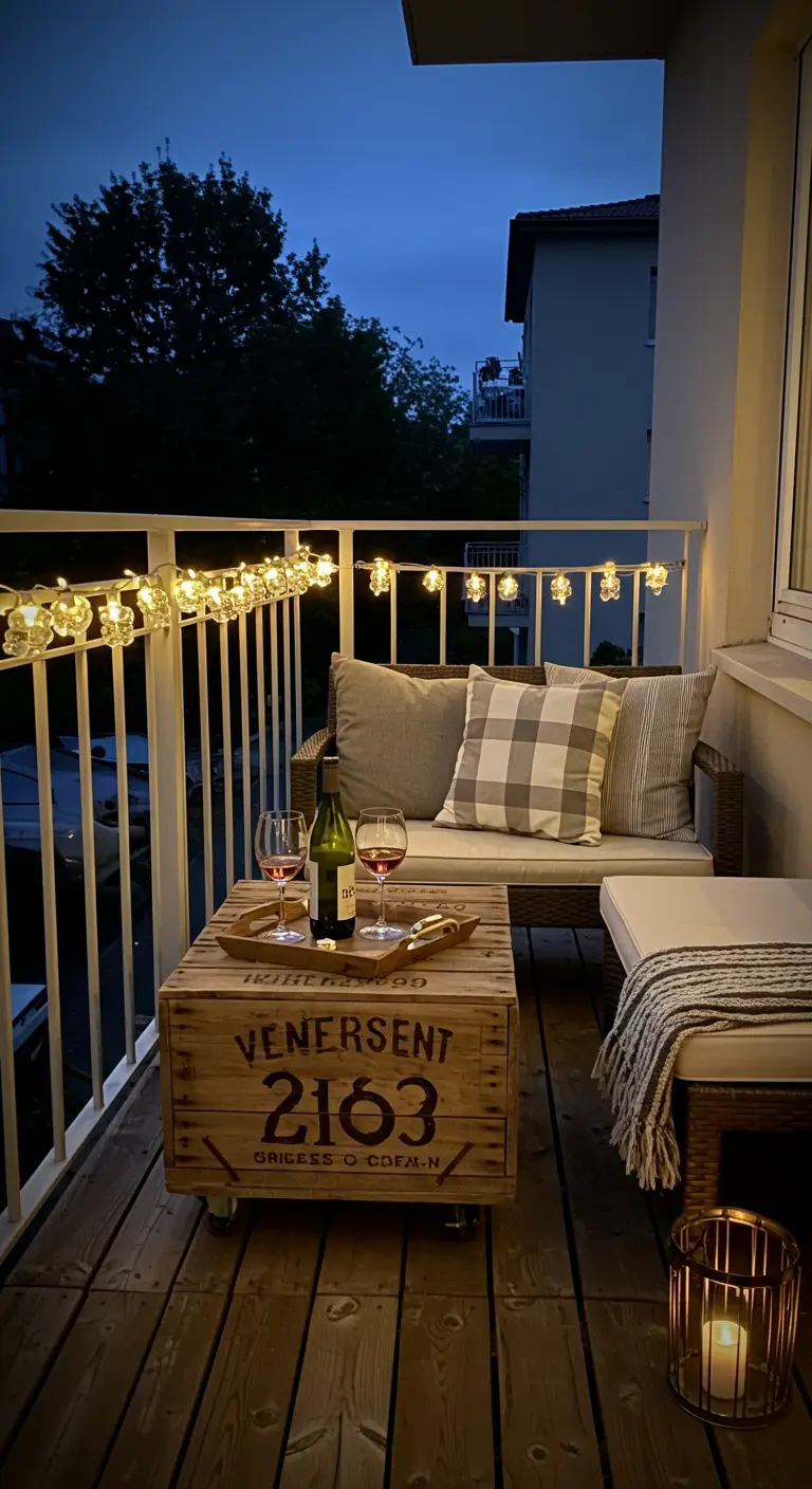 A vintage wine crate on wheels used as a small balcony coffee table.