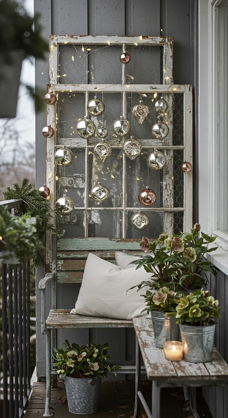 An old window frame on a balcony, decorated with mercury glass ornaments.