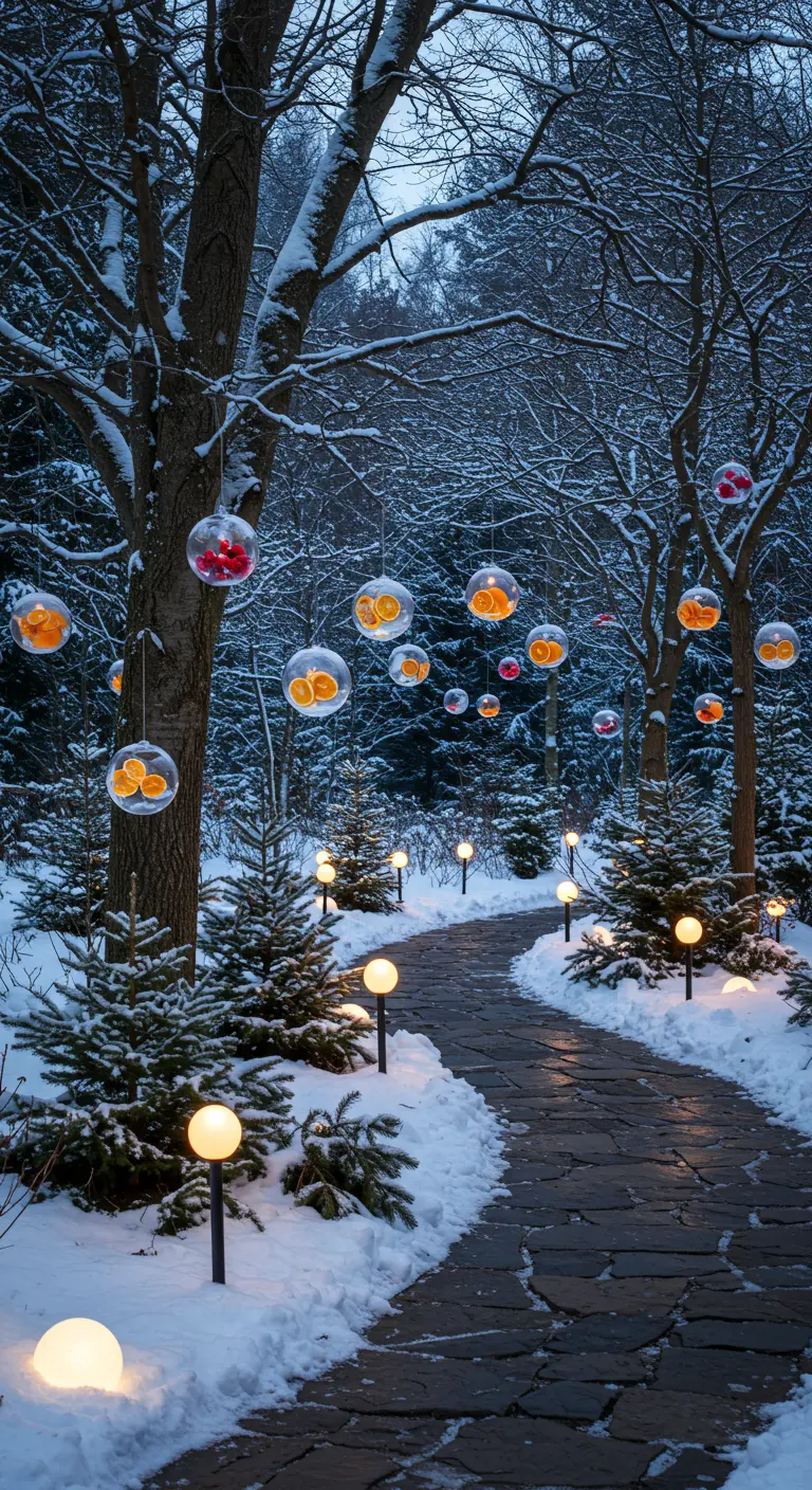 Snowy garden path lined with glowing orbs, with fruit-filled baubles hanging from trees.