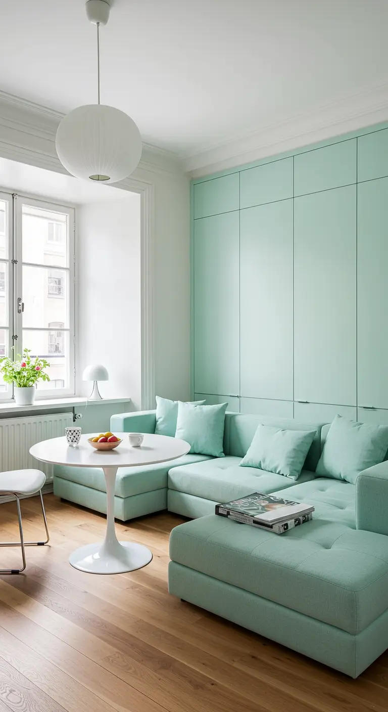 Mint green sectional in front of a matching floor-to-ceiling storage wall.
