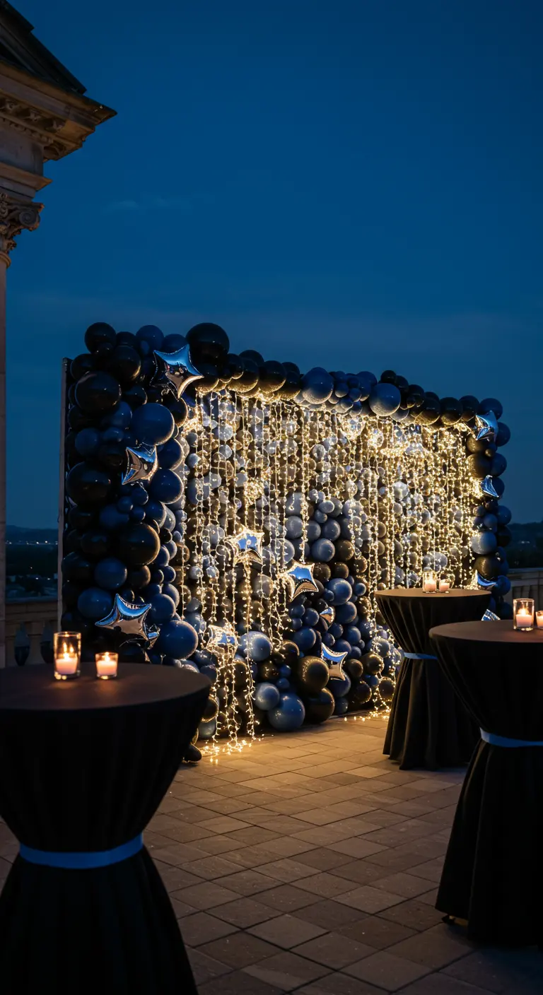 A full wall of navy blue balloons dotted with silver stars and lit by a curtain of fairy lights.