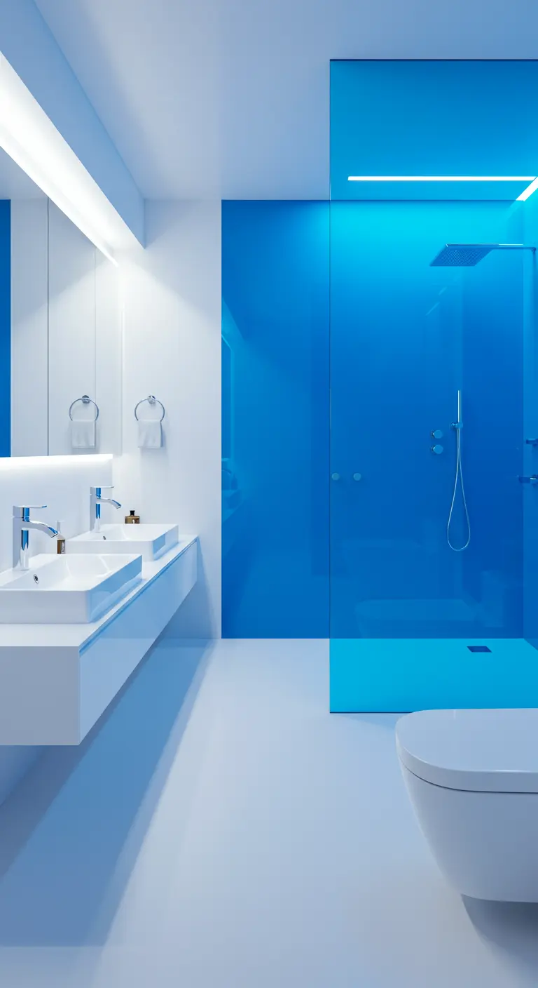 Minimalist white bathroom with a vibrant, electric blue glass shower enclosure.